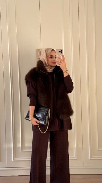 Işıltılı Triko Takım Kahverengi