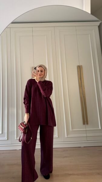 Işıltılı Triko Takım Bordo