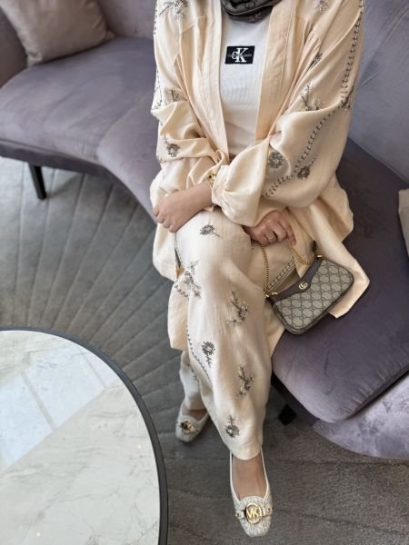 İşlemeli Kimono Krem