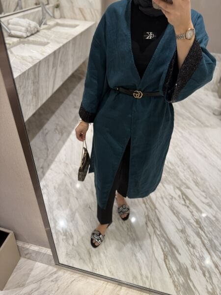 Pul Detaylı Keten Kimono