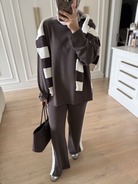 Nervürlü Eşofman Takımı Kahverengi