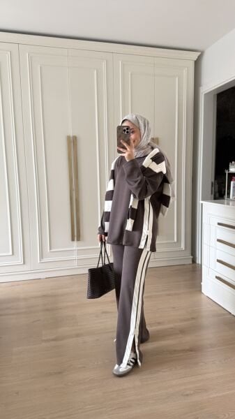 Nervürlü Eşofman Takımı Kahverengi