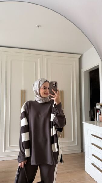 Nervürlü Eşofman Takımı Kahverengi