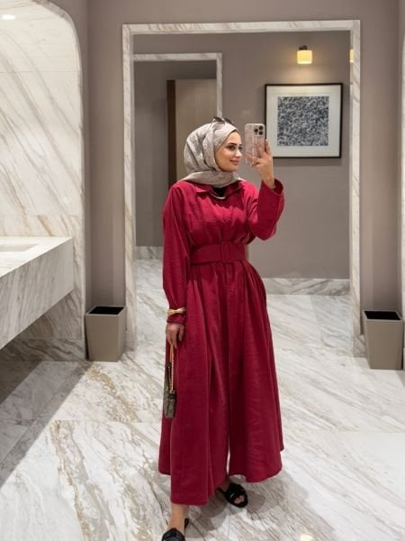 Kemerli Elbise Bordo