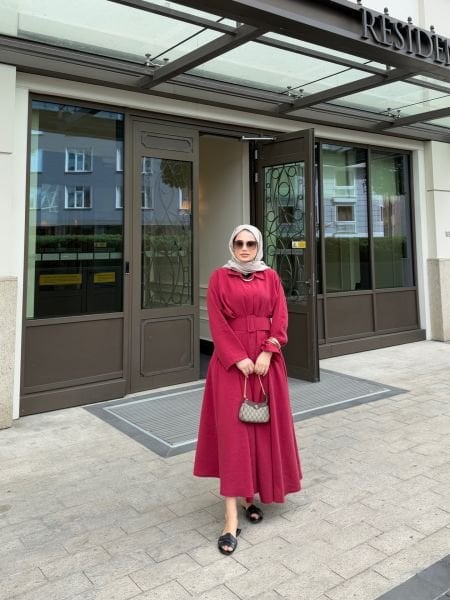 Kemerli Elbise Bordo