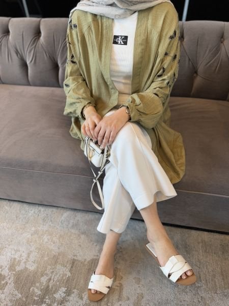Yaprak İşlemeli Kimono Yağ Yeşili
