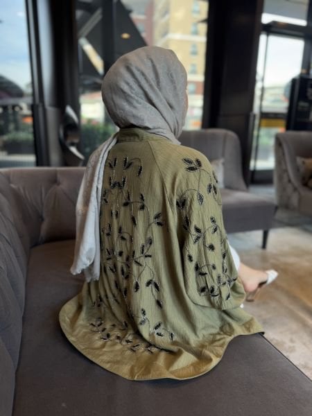 Yaprak İşlemeli Kimono Yağ Yeşili