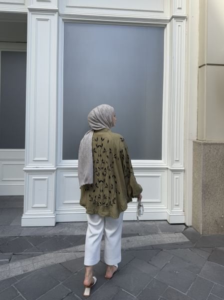 Yaprak İşlemeli Kimono Yağ Yeşili