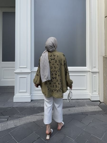 Yaprak İşlemeli Kimono Yağ Yeşili