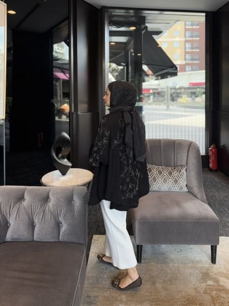 Yaprak İşlemeli Kimono Siyah