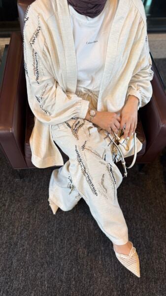 Naturel Taşlı Kimono Takım