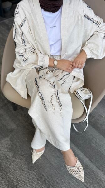 Naturel Taşlı Kimono Takım