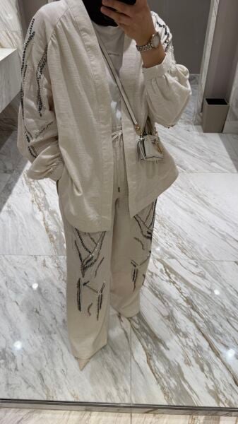 Naturel Taşlı Kimono Takım