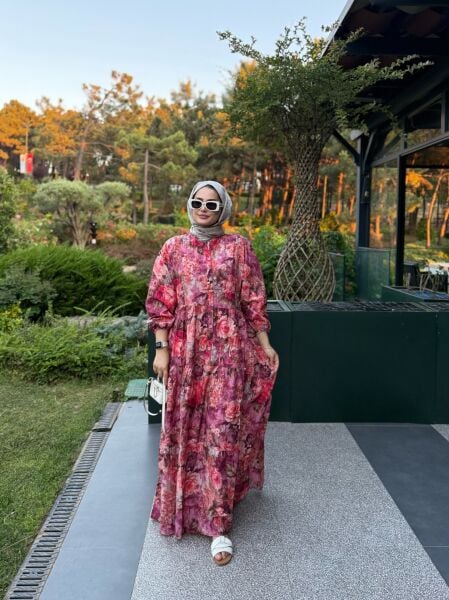 Çiçekli Mng Elbise Bordo