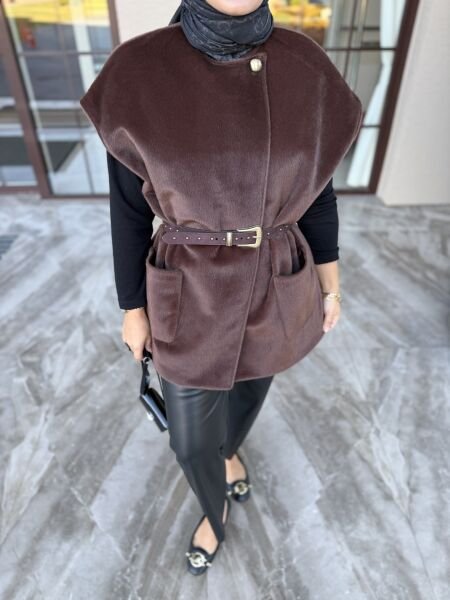 Kemerli Kürk Yelek Kahverengi