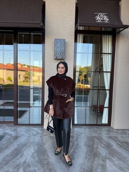 Kemerli Kürk Yelek Kahverengi