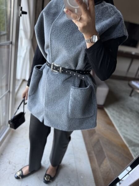 Kemerli Kürk Yelek Gri