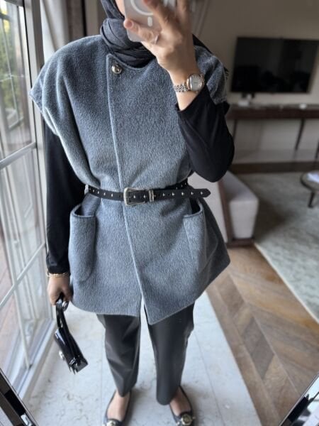 Kemerli Kürk Yelek Gri