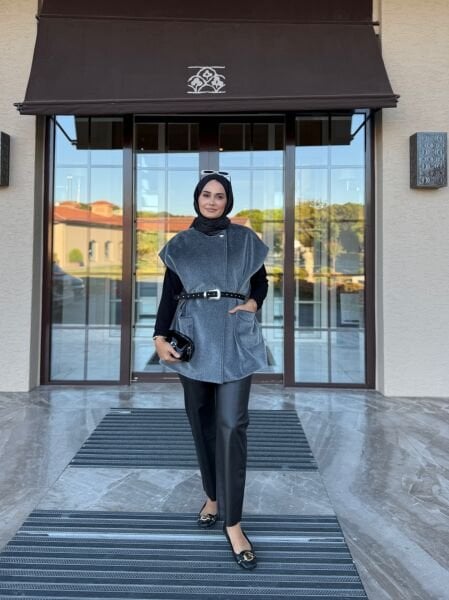 Kemerli Kürk Yelek Gri