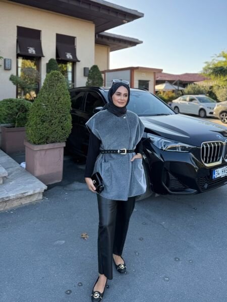 Kemerli Kürk Yelek Gri