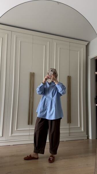 Pamuklu Oversize Gömlek Mavi