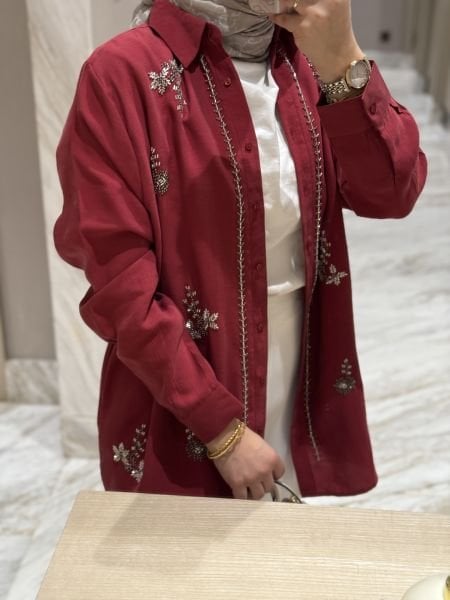 İşlemeli Gömlek Bordo
