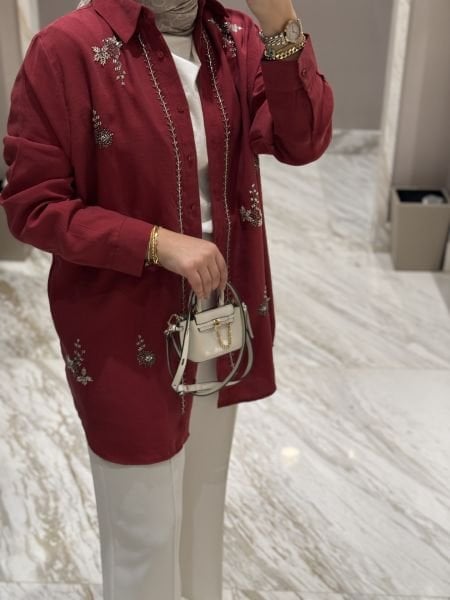 İşlemeli Gömlek Bordo