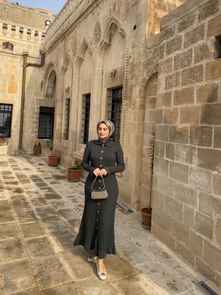 Gold Düğmeli Triko Elbise Haki