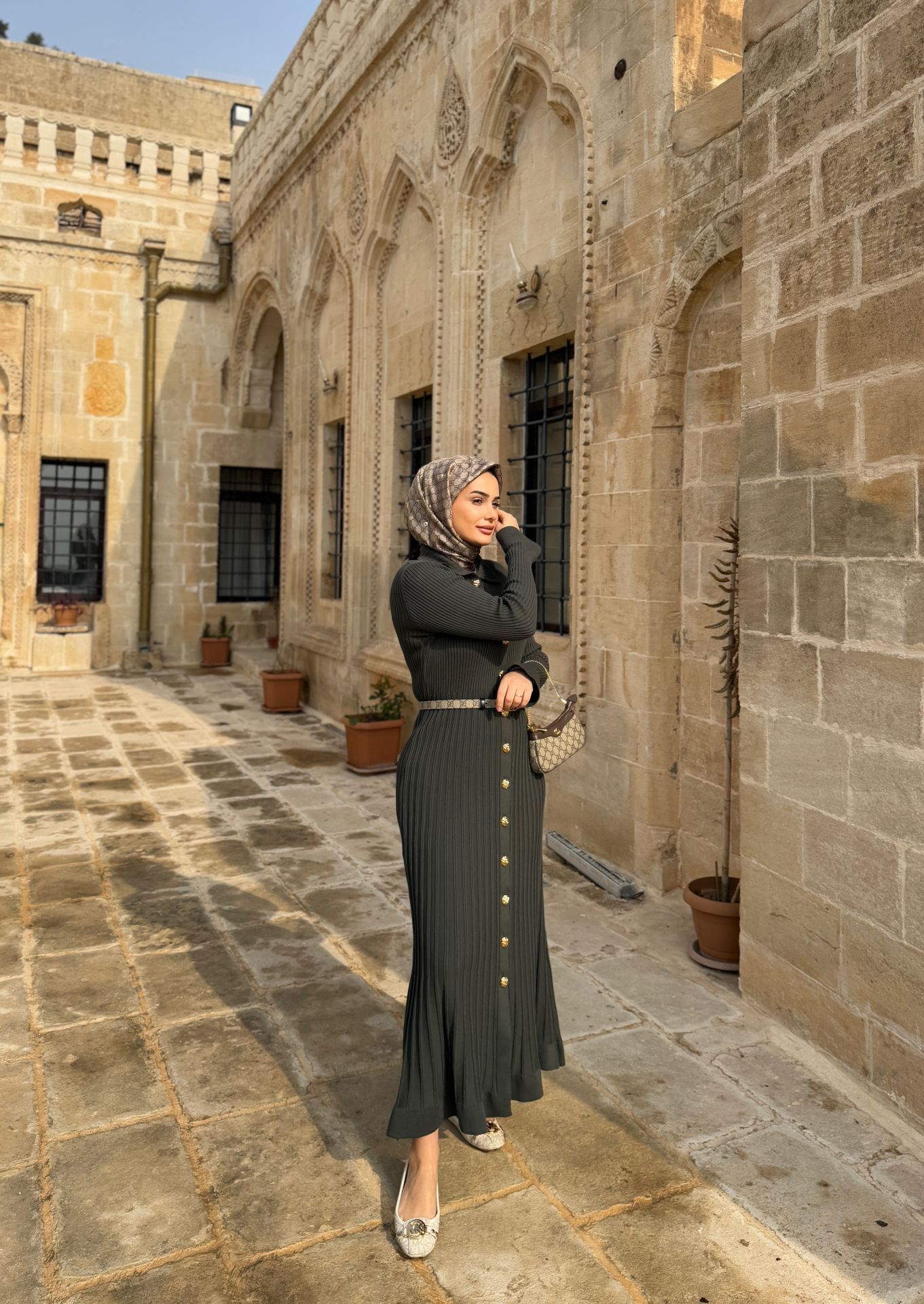 Gold Düğmeli Triko Elbise Haki