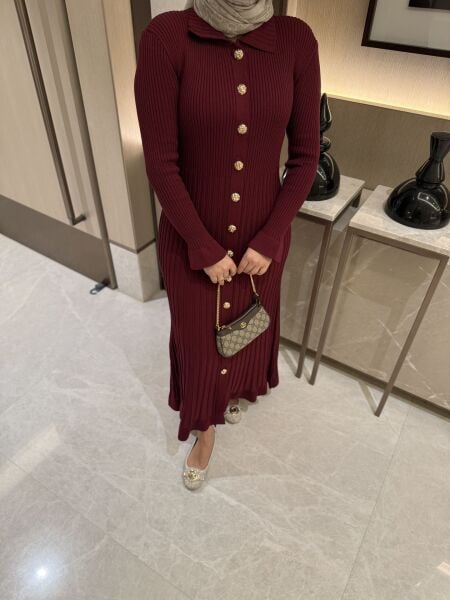 Gold Düğmeli Triko Elbise Bordo