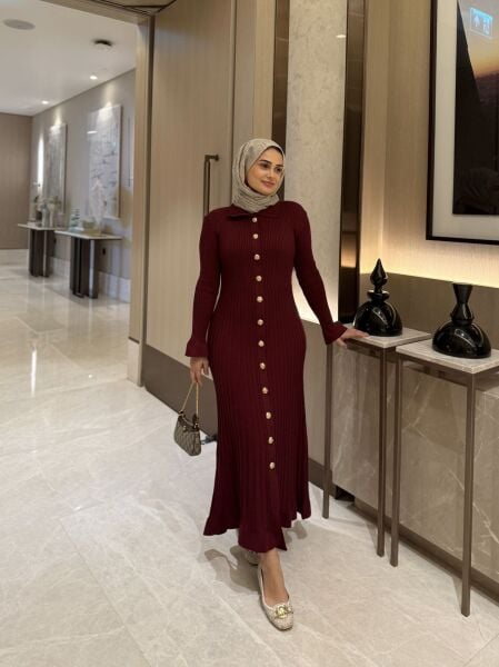 Gold Düğmeli Triko Elbise Bordo