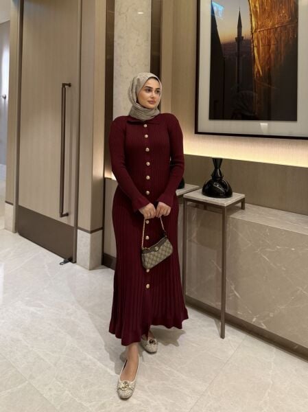 Gold Düğmeli Triko Elbise Bordo