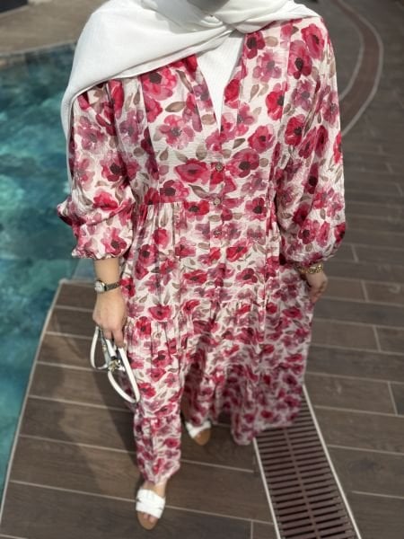Çiçekli Mango Kumaş Elbise Pembe