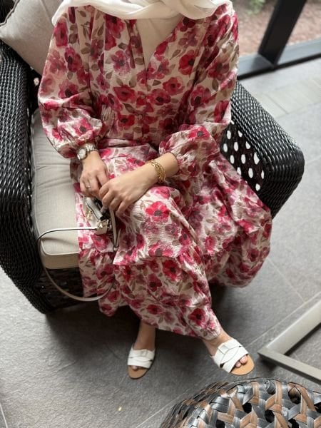 Çiçekli Mango Kumaş Elbise Pembe