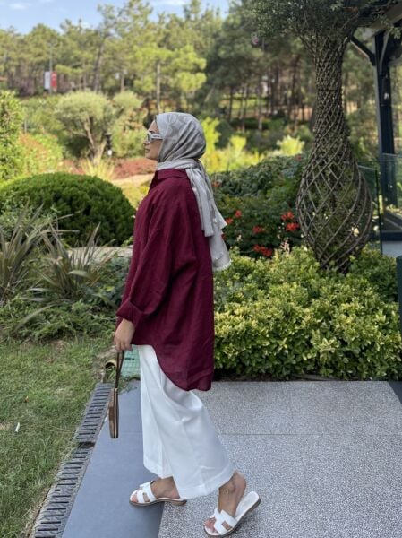 Nakış Detaylı Bordo Keten Gömlek