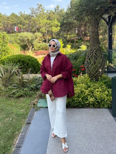 Nakış Detaylı Bordo Keten Gömlek