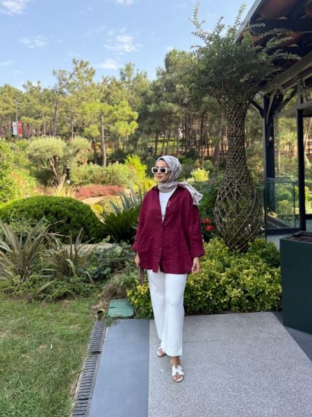 Nakış Detaylı Bordo Keten Gömlek